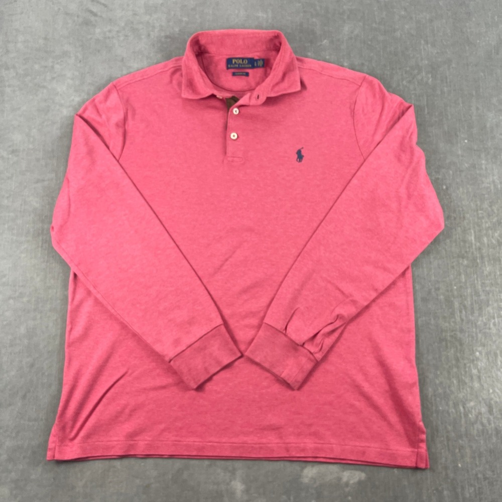 Polo Ralph Lauren Mens Large Pink Long Sleeve Polo Shirt Classic Fit Cotton